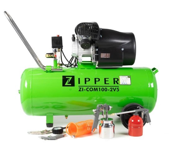 Zipper Druckluft Kompressor ZI-COM100-2V5 2-Zylinder V-Aggregat |max Druck 8 bar |+Zubehörset 5-tlg.