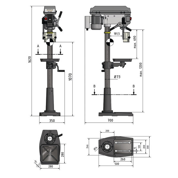 Säulenbohrmaschine Optimum OPTIdrill DQ 25 Aktions-Set inkl. Schraubstock - max. 25mm, 750W, 400V