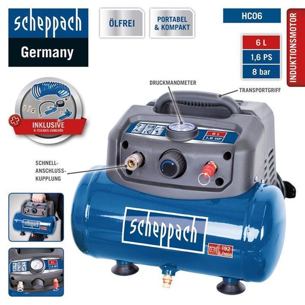 Scheppach Kompressor HC06 1200W 8bar/ 6L+umfangreiches Zubehör portabel